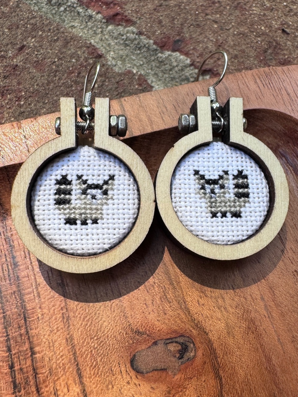 Handmade Cross Stitch Raccoon Hoop Earrings